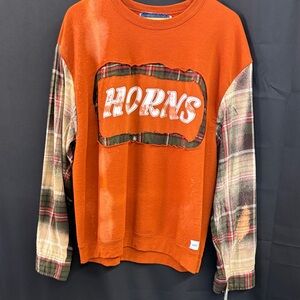 Repurposed Orange Plaid Sleeve 'Horns' Sweatshirt by “Jagged Threads”